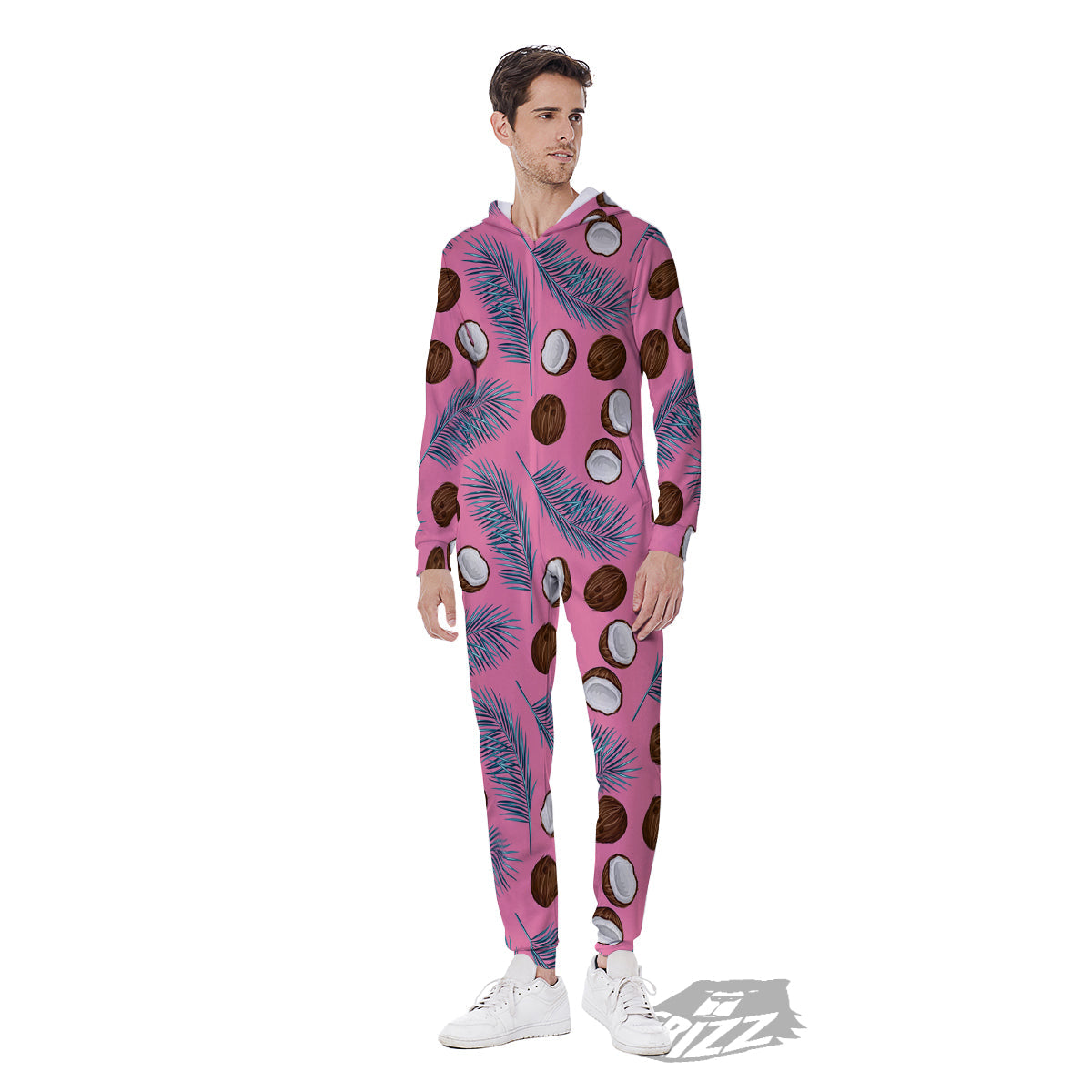 Coconut Pink And Palm Leaf Print Pattern Men's Jumpsuit-grizzshop