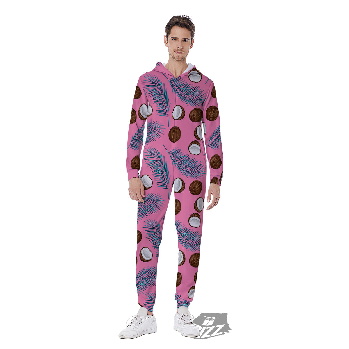 Coconut Pink And Palm Leaf Print Pattern Men's Jumpsuit-grizzshop