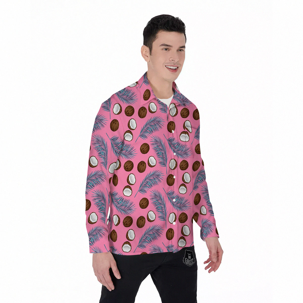 Coconut Pink And Palm Leaf Print Pattern Men's Long Sleeve Shirts-grizzshop