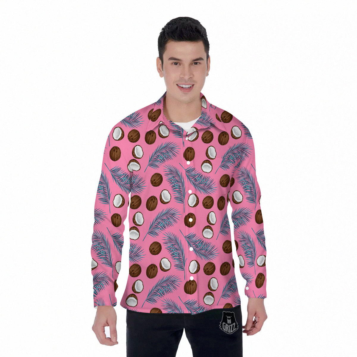 Coconut Pink And Palm Leaf Print Pattern Men's Long Sleeve Shirts-grizzshop