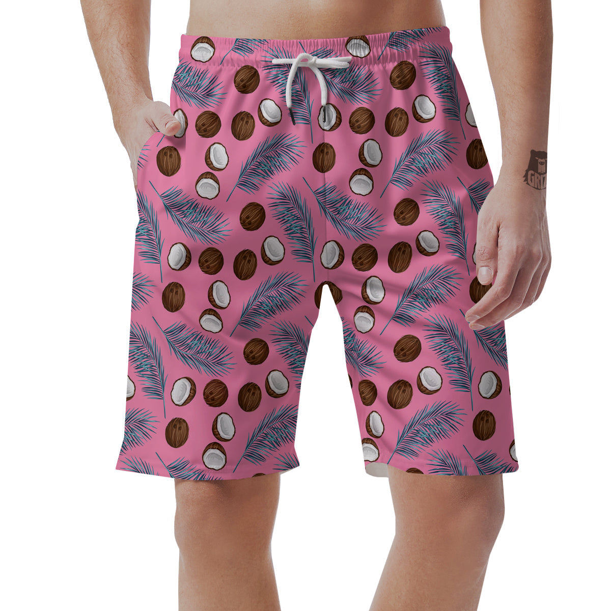 Coconut Pink And Palm Leaf Print Pattern Men's Shorts-grizzshop