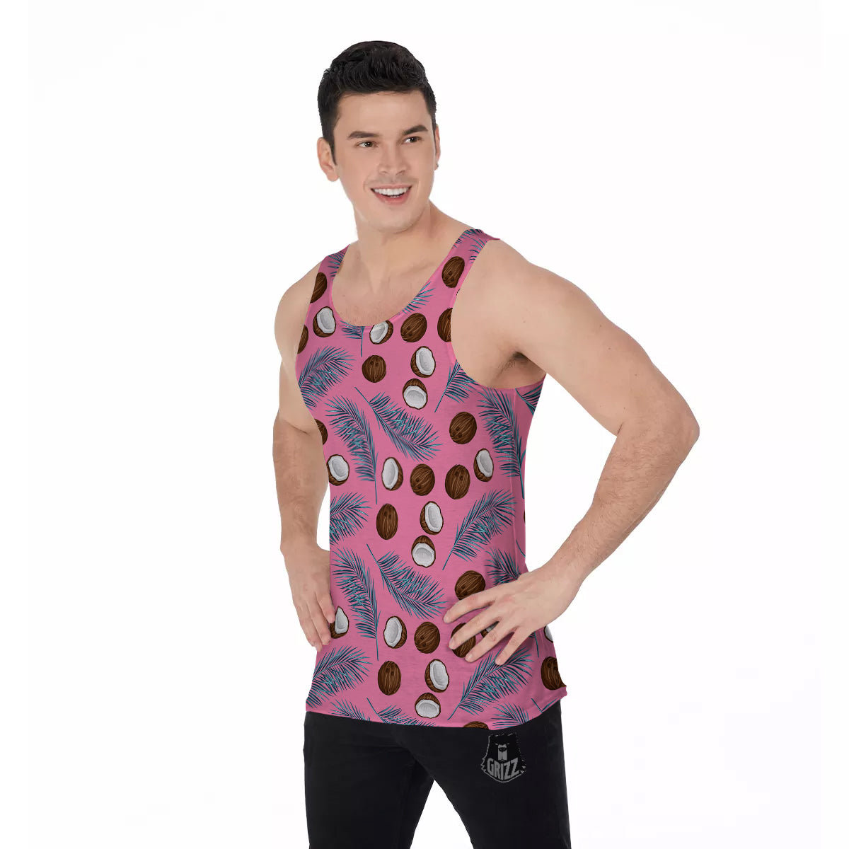 Coconut Pink And Palm Leaf Print Pattern Men's Tank Top-grizzshop