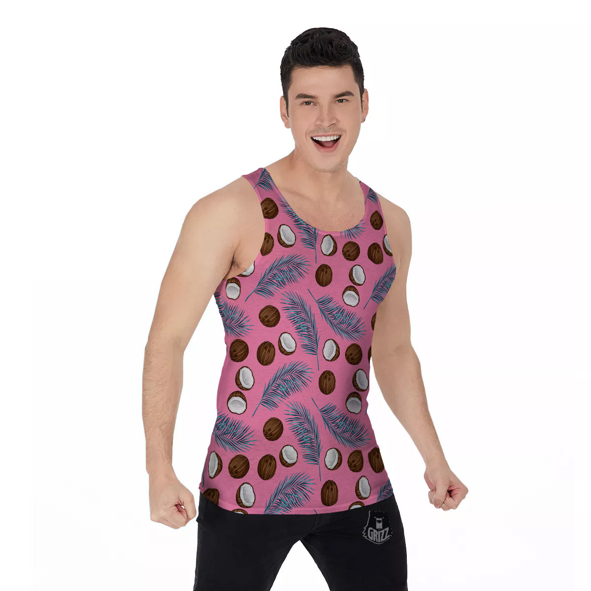 Coconut Pink And Palm Leaf Print Pattern Men's Tank Top-grizzshop