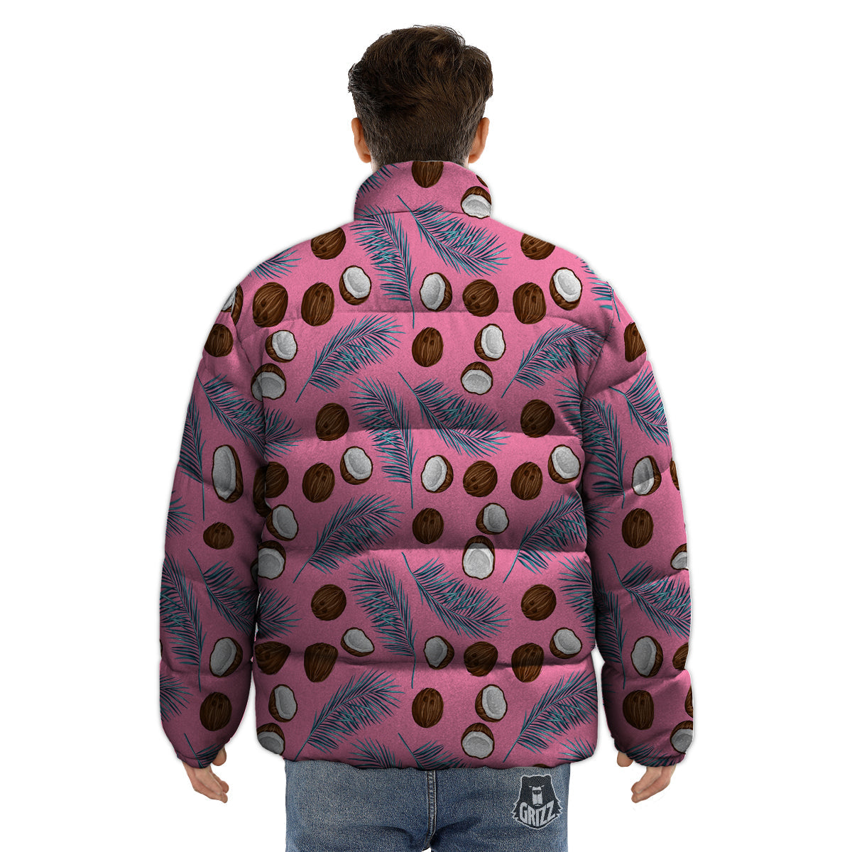 Coconut Pink And Palm Leaf Print Pattern Puffer Jacket-grizzshop