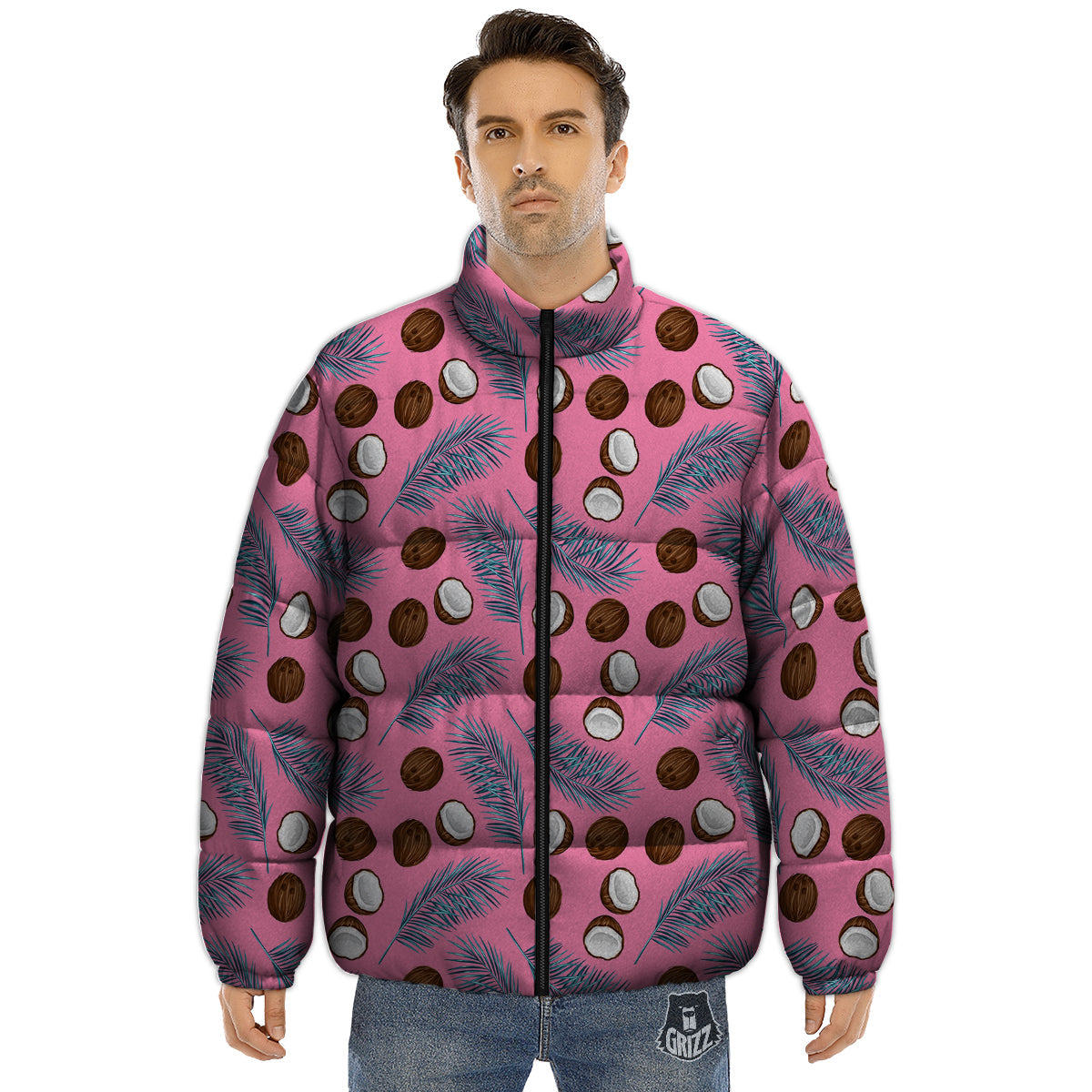 Coconut Pink And Palm Leaf Print Pattern Puffer Jacket-grizzshop
