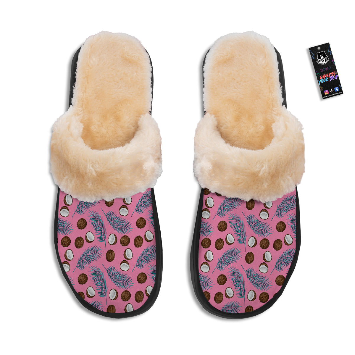 Coconut Pink And Palm Leaf Print Pattern Slippers-grizzshop