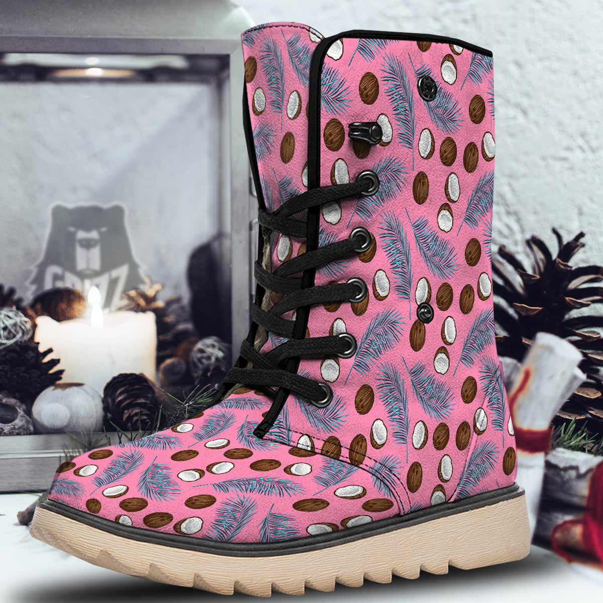 Coconut Pink And Palm Leaf Print Pattern Snow Boots-grizzshop