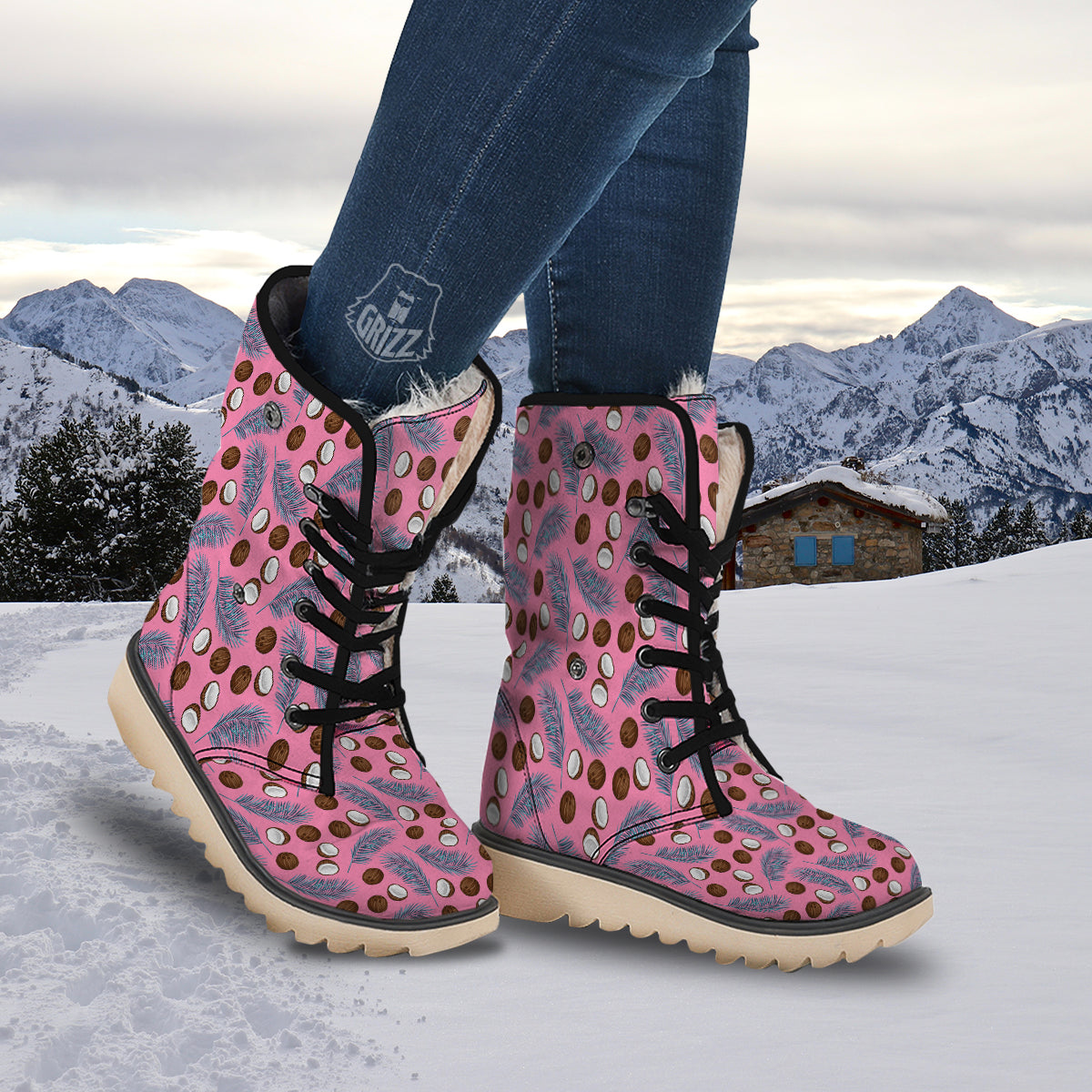 Coconut Pink And Palm Leaf Print Pattern Snow Boots-grizzshop