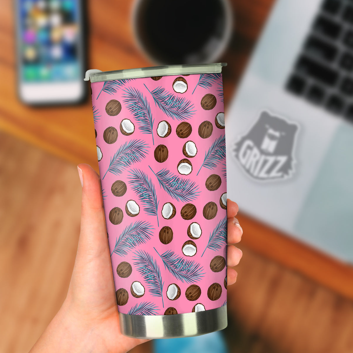 Coconut Pink And Palm Leaf Print Pattern Tumbler-grizzshop