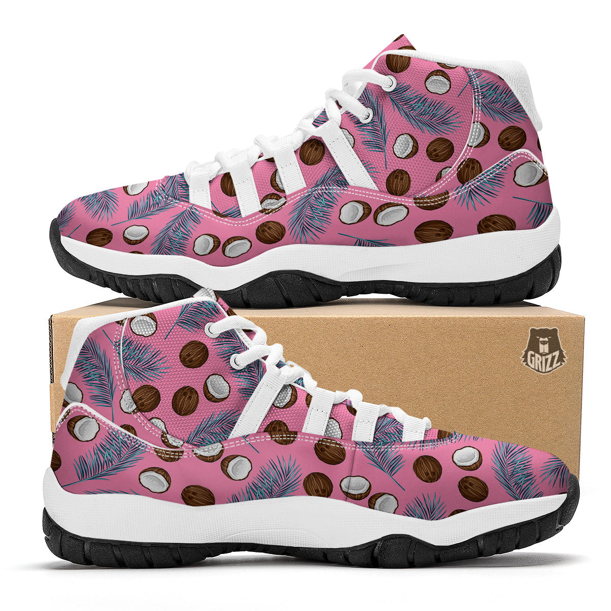 Coconut Pink And Palm Leaf Print Pattern White Bball Shoes-grizzshop