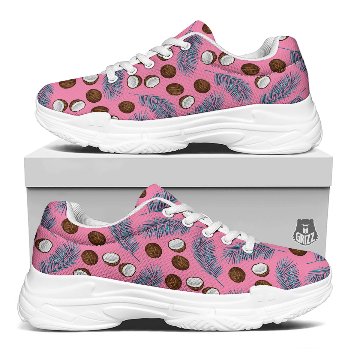 Coconut Pink And Palm Leaf Print Pattern White Chunky Shoes-grizzshop