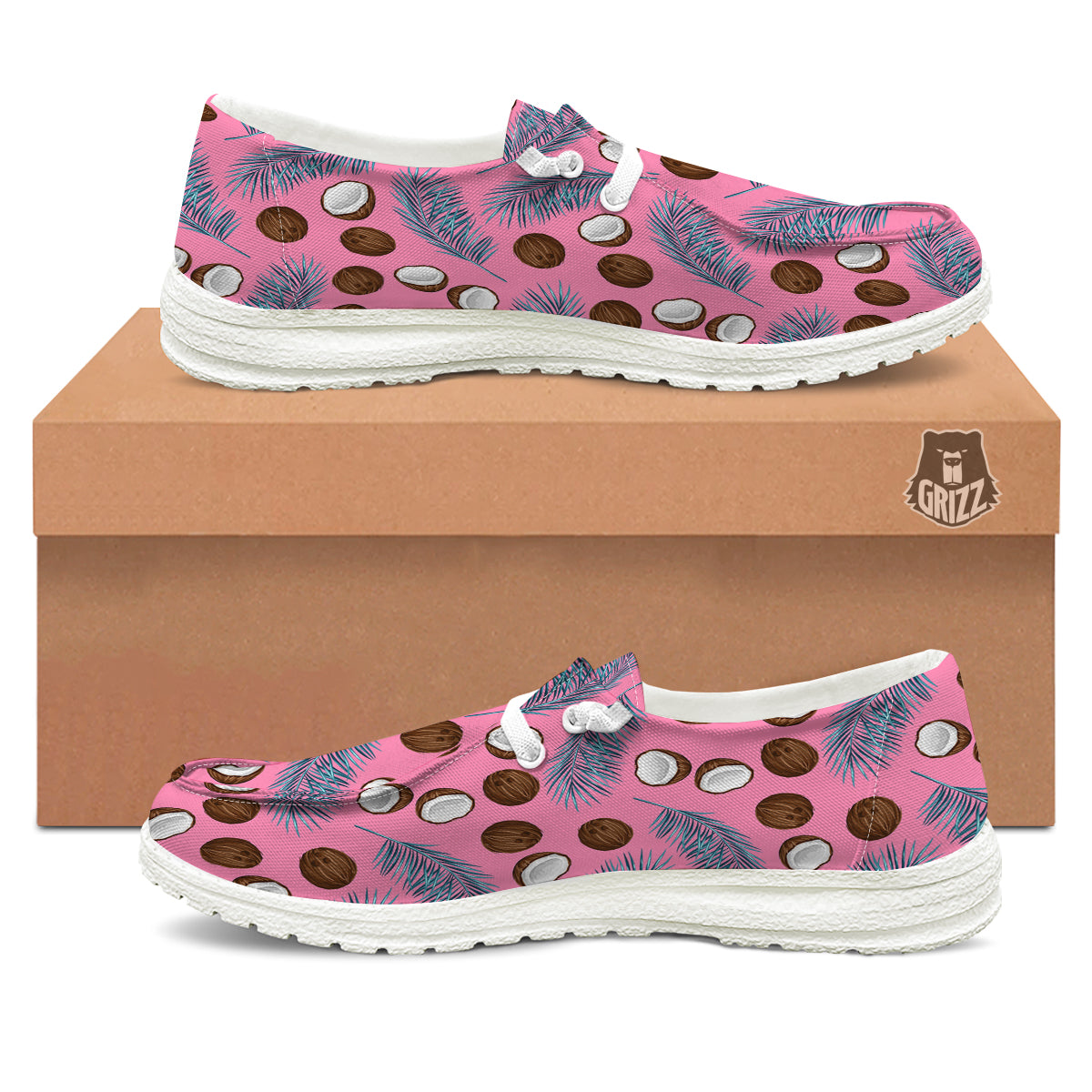 Coconut Pink And Palm Leaf Print Pattern White Loafers-grizzshop