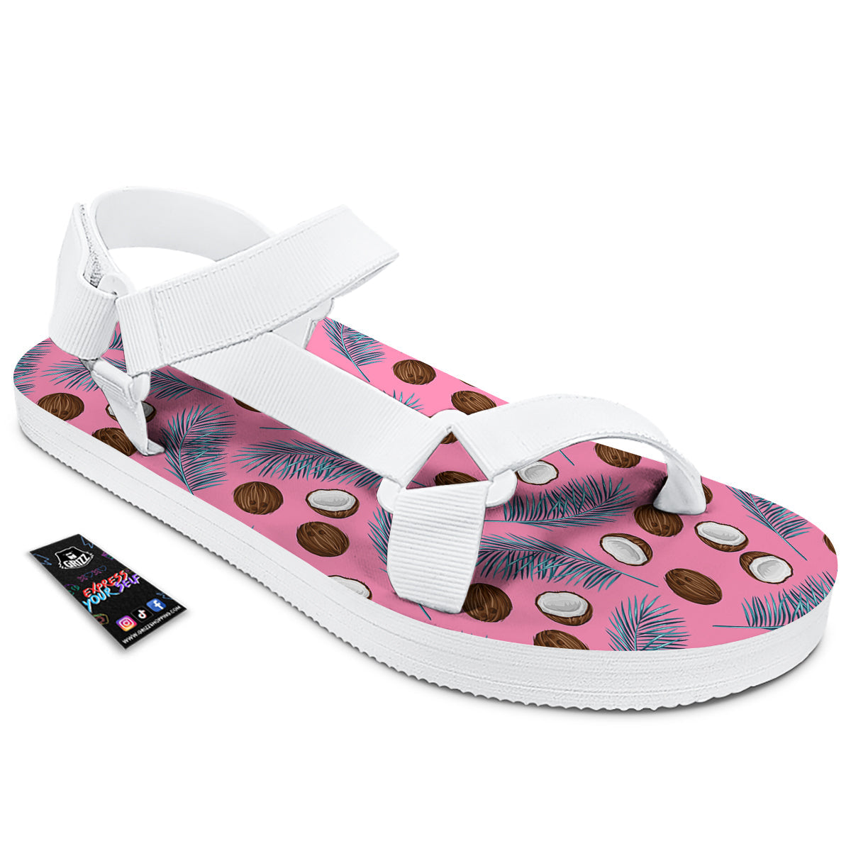 Coconut Pink And Palm Leaf Print Pattern White Open Toe Sandals-grizzshop