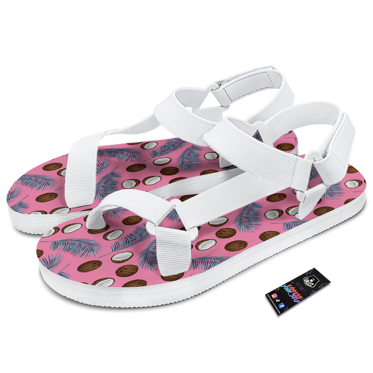 Coconut Pink And Palm Leaf Print Pattern White Open Toe Sandals-grizzshop
