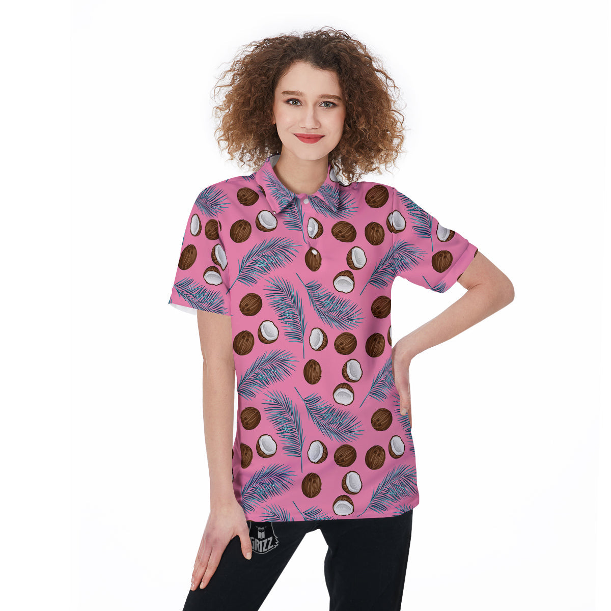 Coconut Pink And Palm Leaf Print Pattern Women's Golf Shirts-grizzshop