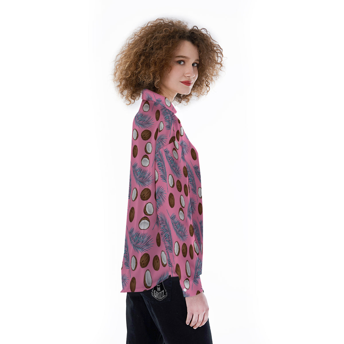 Coconut Pink And Palm Leaf Print Pattern Women's Long Sleeve Shirts-grizzshop