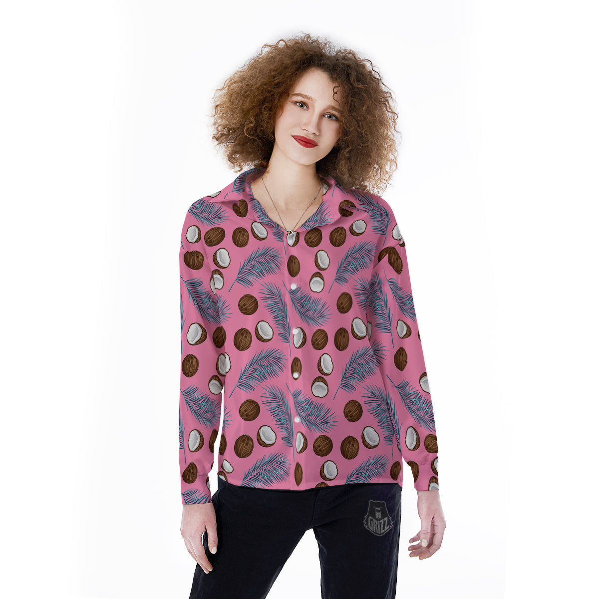 Coconut Pink And Palm Leaf Print Pattern Women's Long Sleeve Shirts-grizzshop