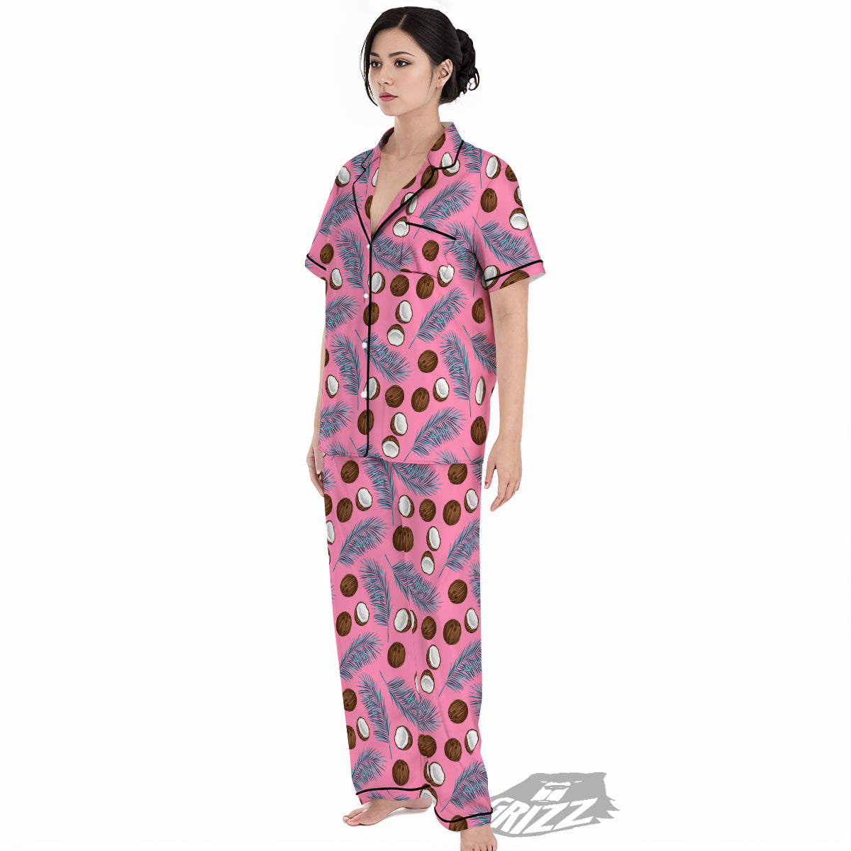 Coconut Pink And Palm Leaf Print Pattern Women's Pajamas Set-grizzshop