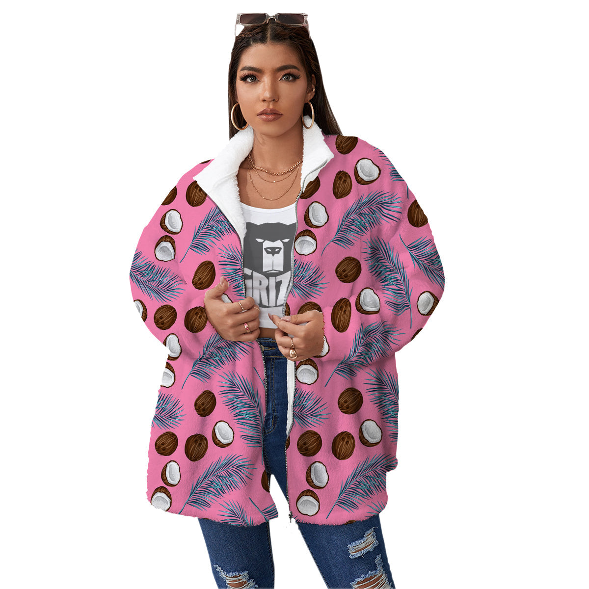 Coconut Pink And Palm Leaf Print Pattern Women's Sherpa Jacket-grizzshop
