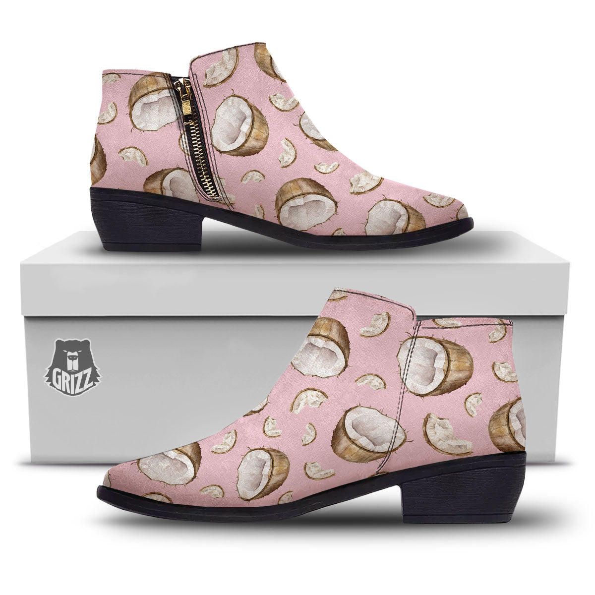 Coconut Pink Print Pattern Ankle Boots-grizzshop