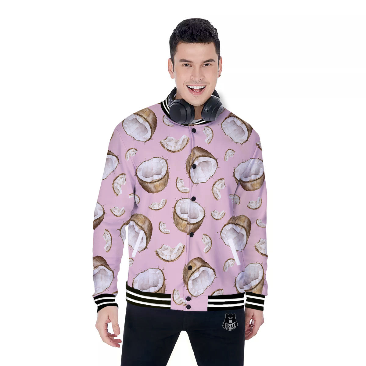 Coconut Pink Print Pattern Baseball Jacket-grizzshop