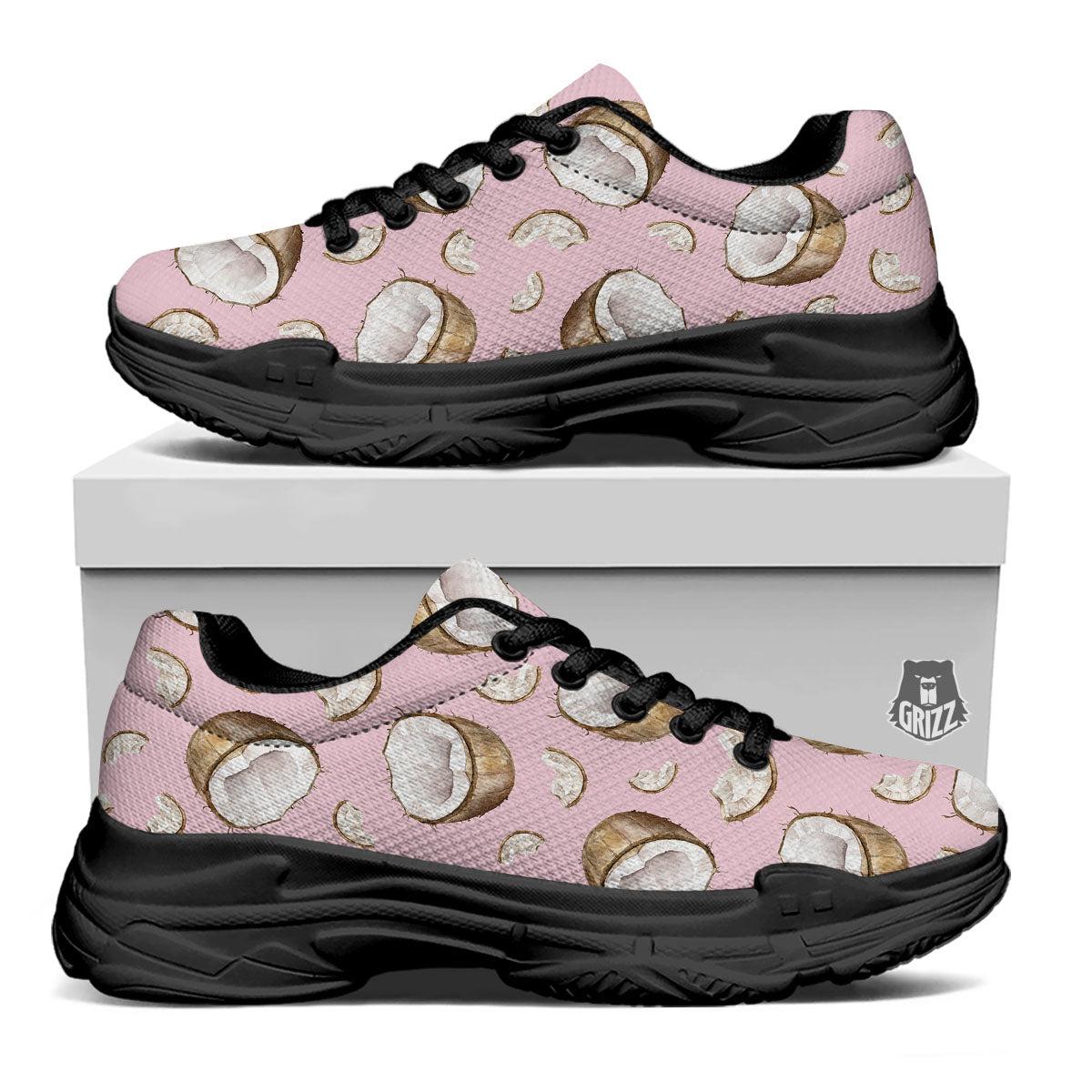 Coconut Pink Print Pattern Black Chunky Shoes-grizzshop