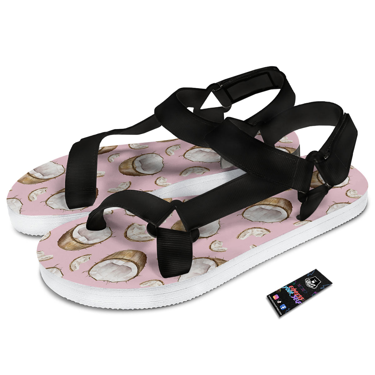 Coconut Pink Print Pattern Black Open Toe Sandals-grizzshop