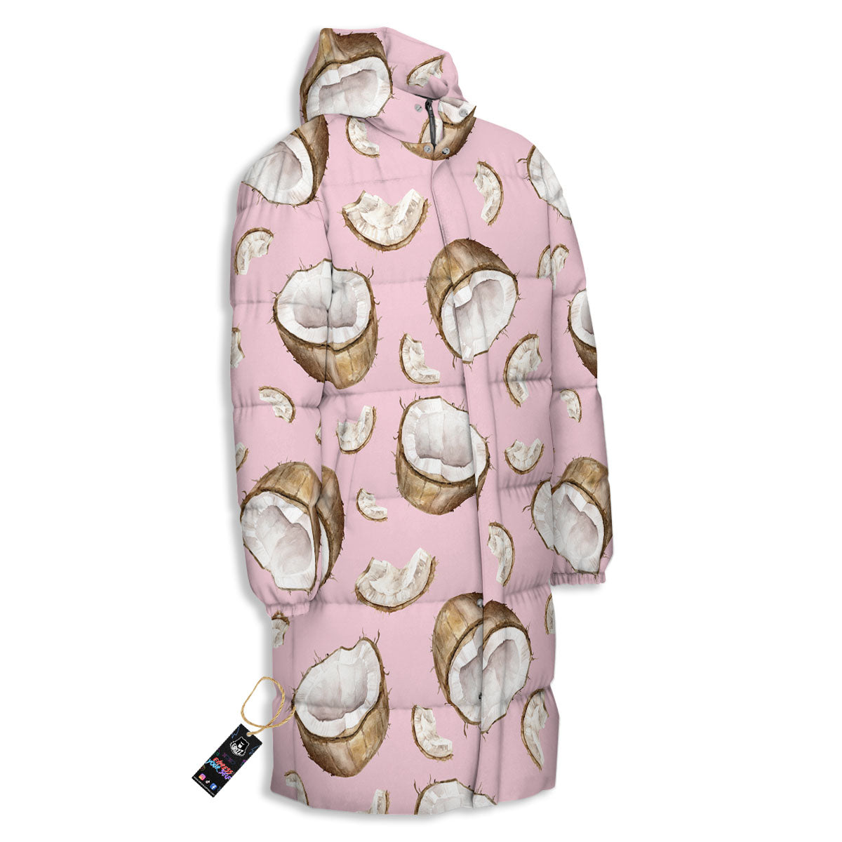 Coconut Pink Print Pattern Long Down Jacket-grizzshop