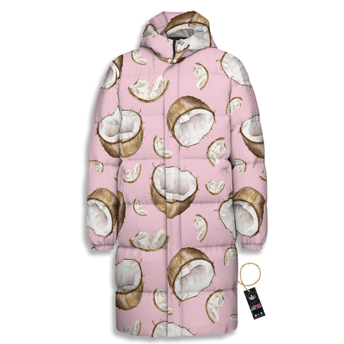 Coconut Pink Print Pattern Long Down Jacket-grizzshop