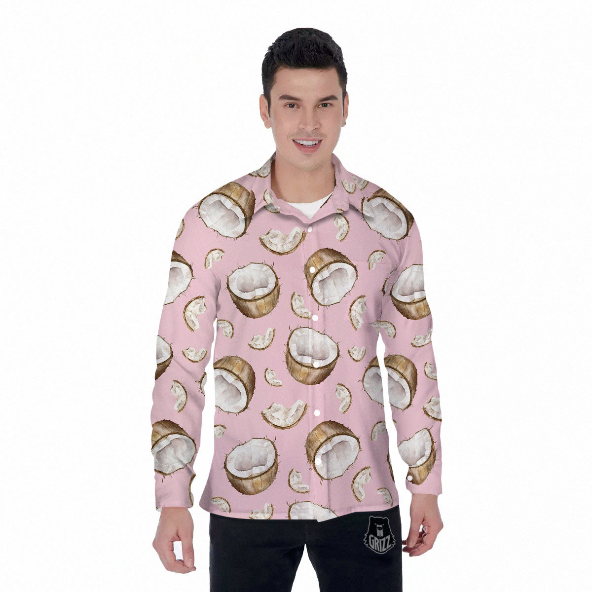 Coconut Pink Print Pattern Men's Long Sleeve Shirts-grizzshop