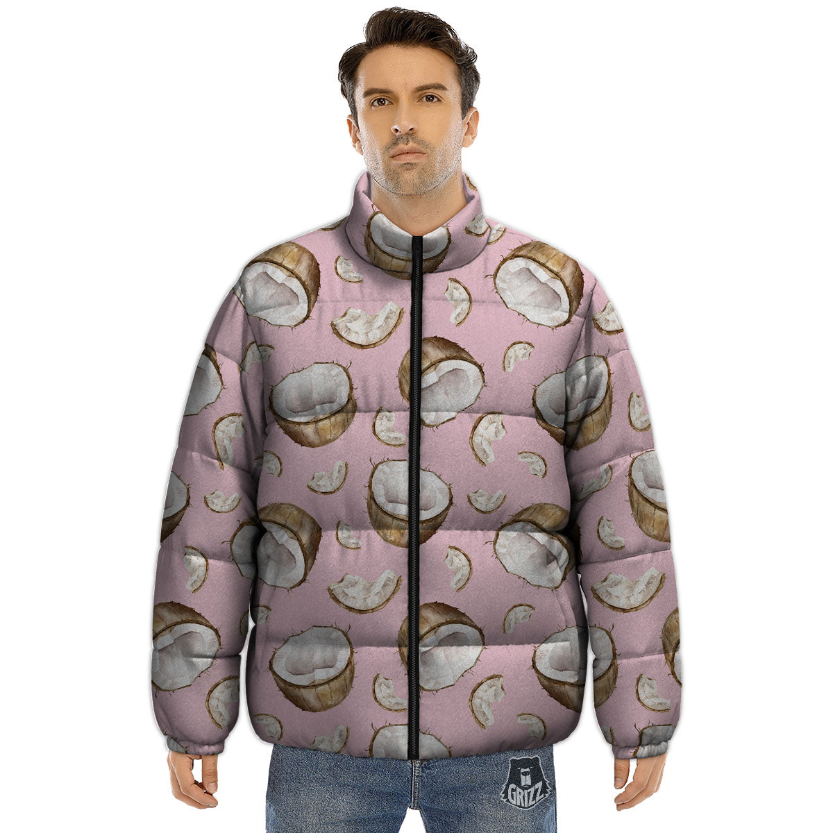 Coconut Pink Print Pattern Puffer Jacket-grizzshop