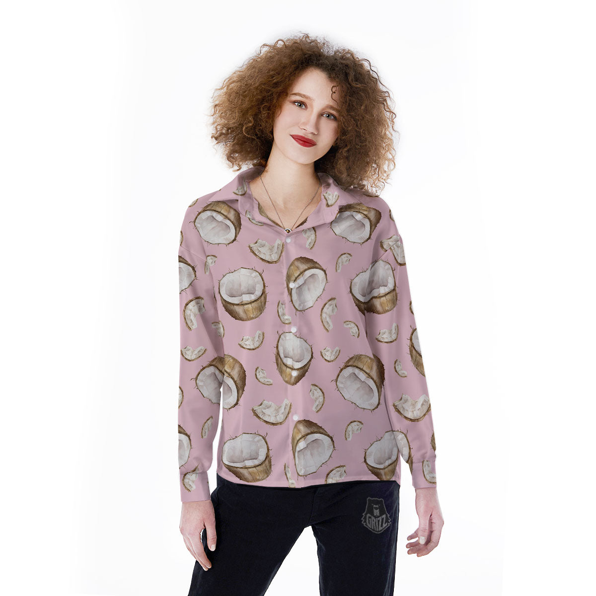 Coconut Pink Print Pattern Women's Long Sleeve Shirts-grizzshop