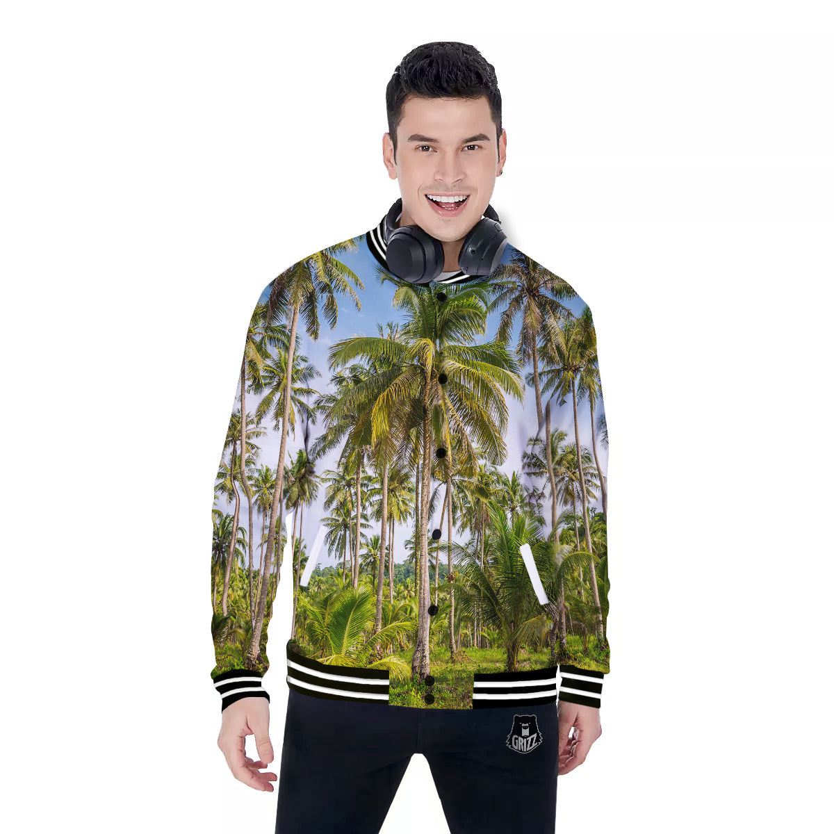 Coconut Tree Print Baseball Jacket-grizzshop