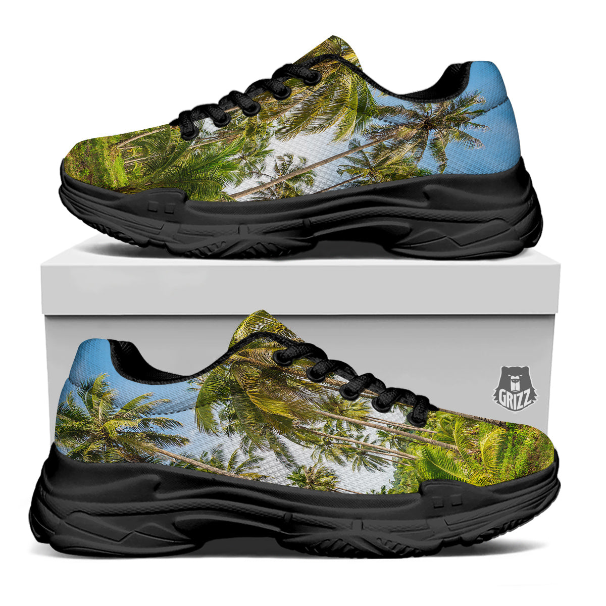 Coconut Tree Print Black Chunky Shoes-grizzshop