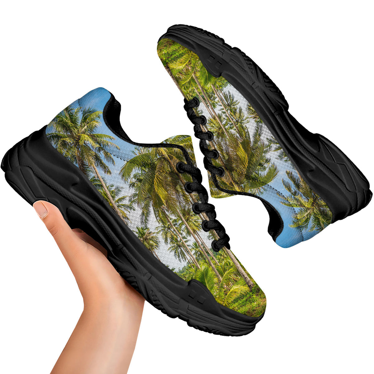 Coconut Tree Print Black Chunky Shoes-grizzshop