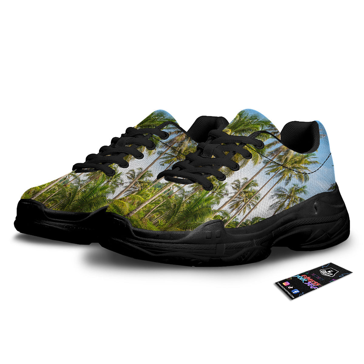 Coconut Tree Print Black Chunky Shoes-grizzshop