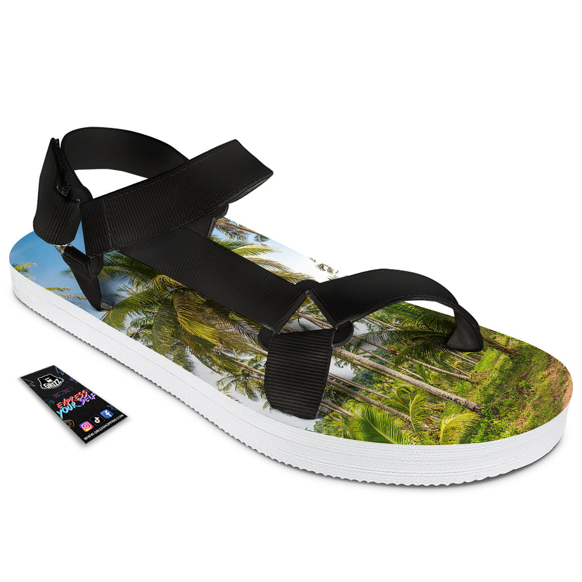 Coconut Tree Print Black Open Toe Sandals-grizzshop