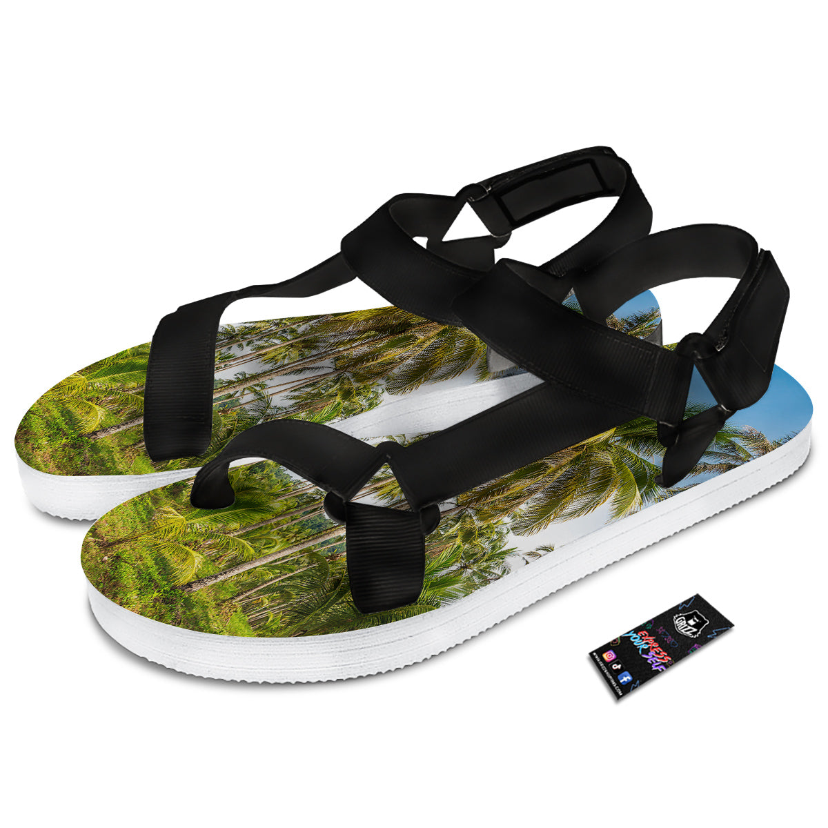 Coconut Tree Print Black Open Toe Sandals-grizzshop