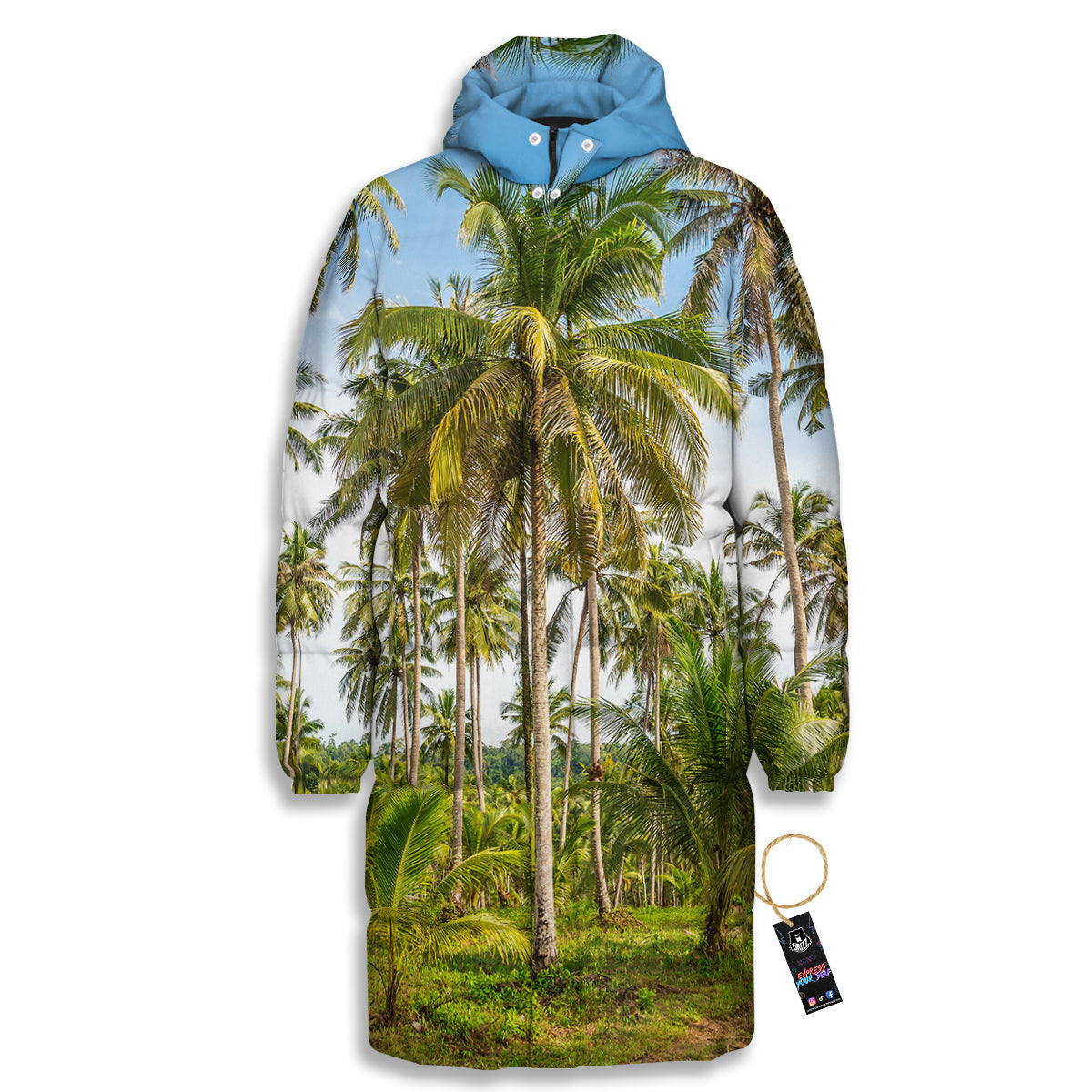 Coconut Tree Print Long Down Jacket-grizzshop