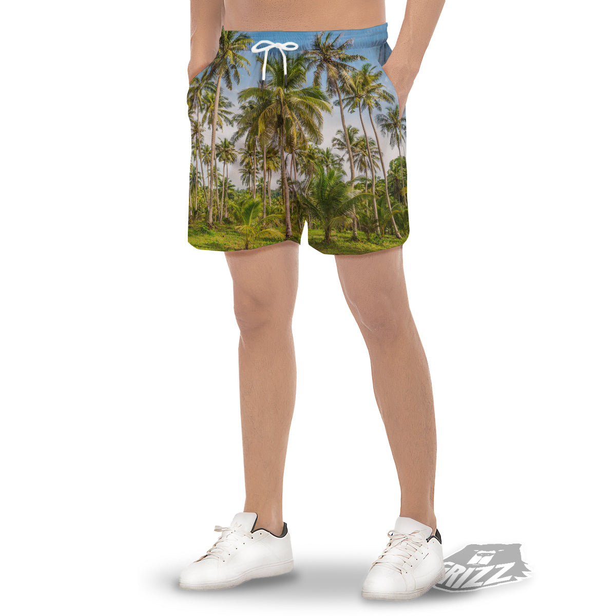 Coconut Tree Print Men's Gym Shorts-grizzshop