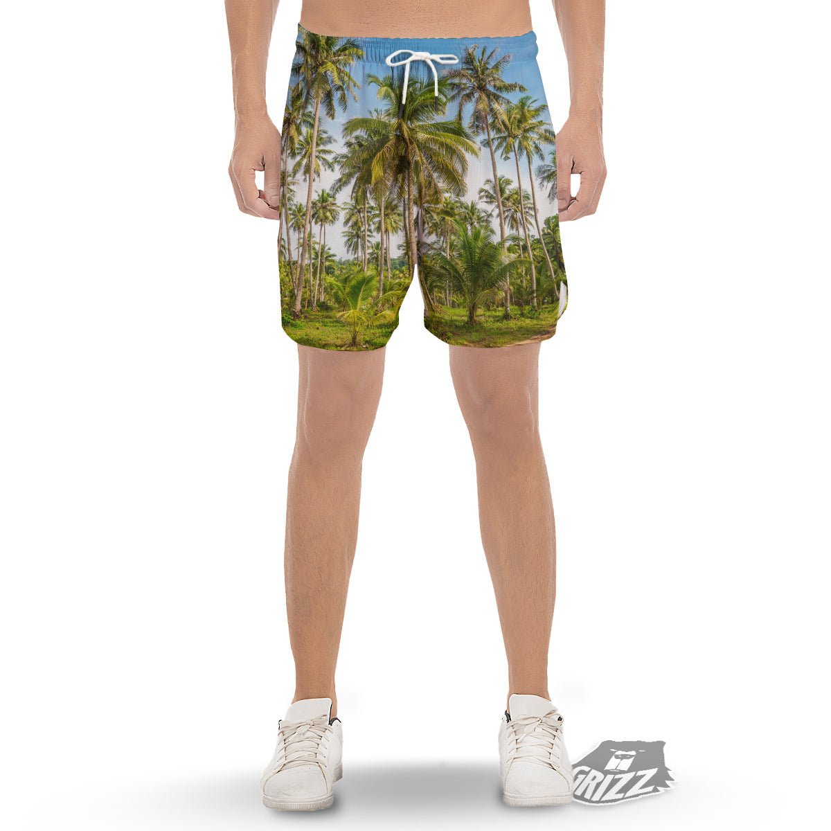 Coconut Tree Print Men's Gym Shorts-grizzshop