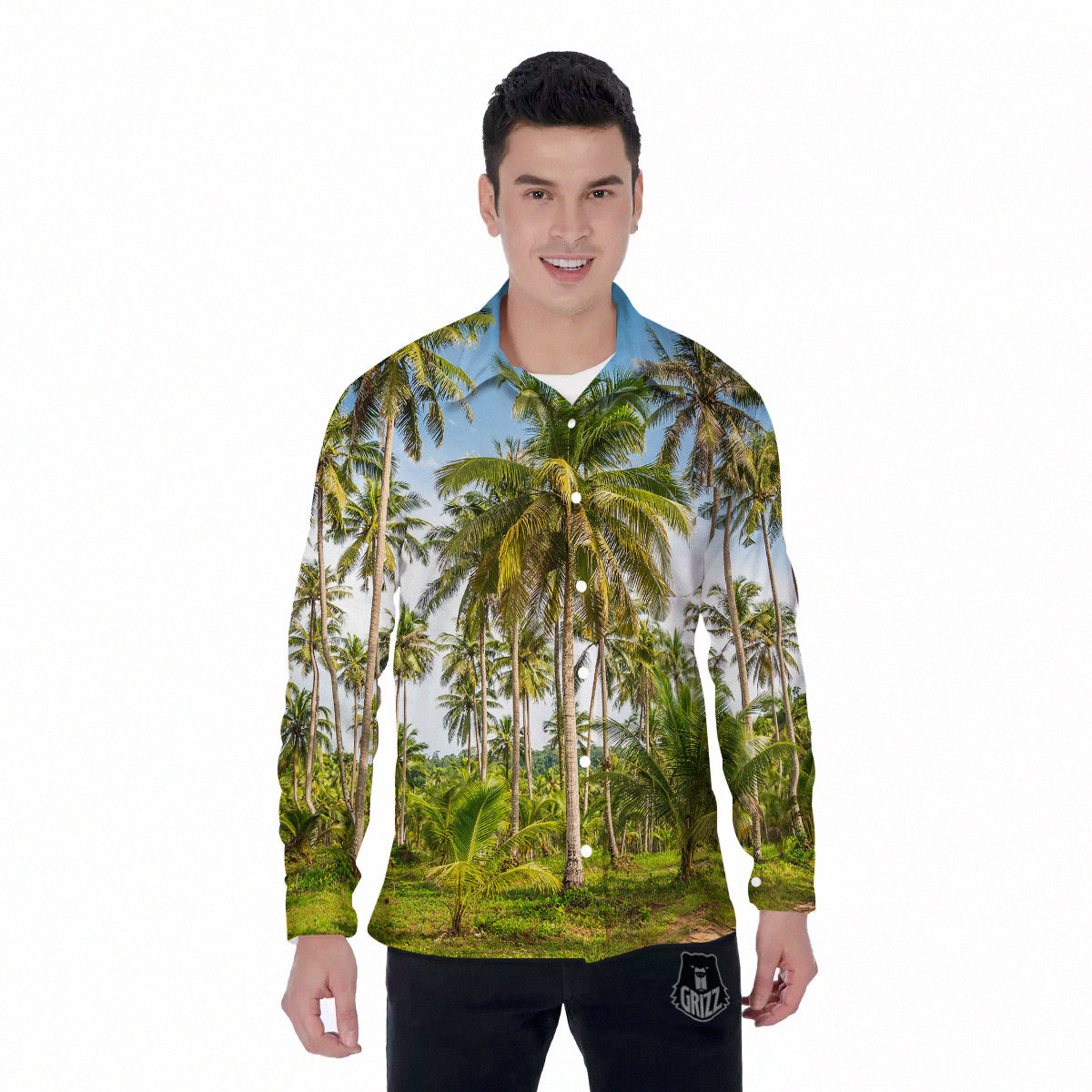 Coconut Tree Print Men's Long Sleeve Shirts-grizzshop