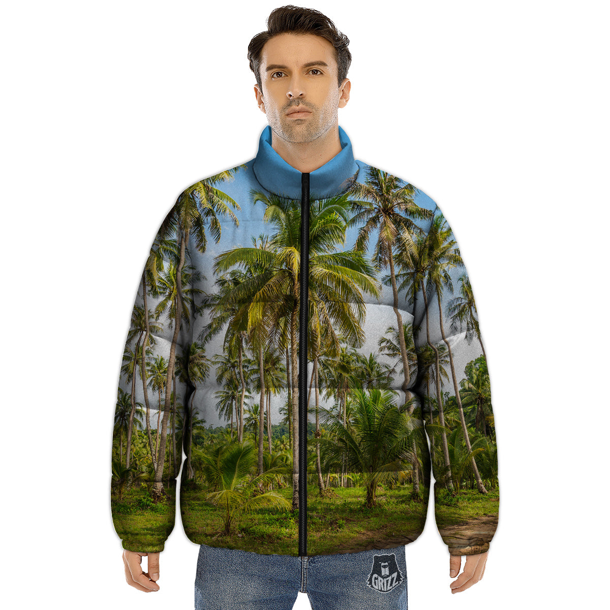 Coconut Tree Print Puffer Jacket-grizzshop