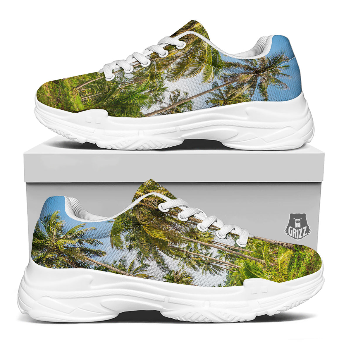 Coconut Tree Print White Chunky Shoes-grizzshop