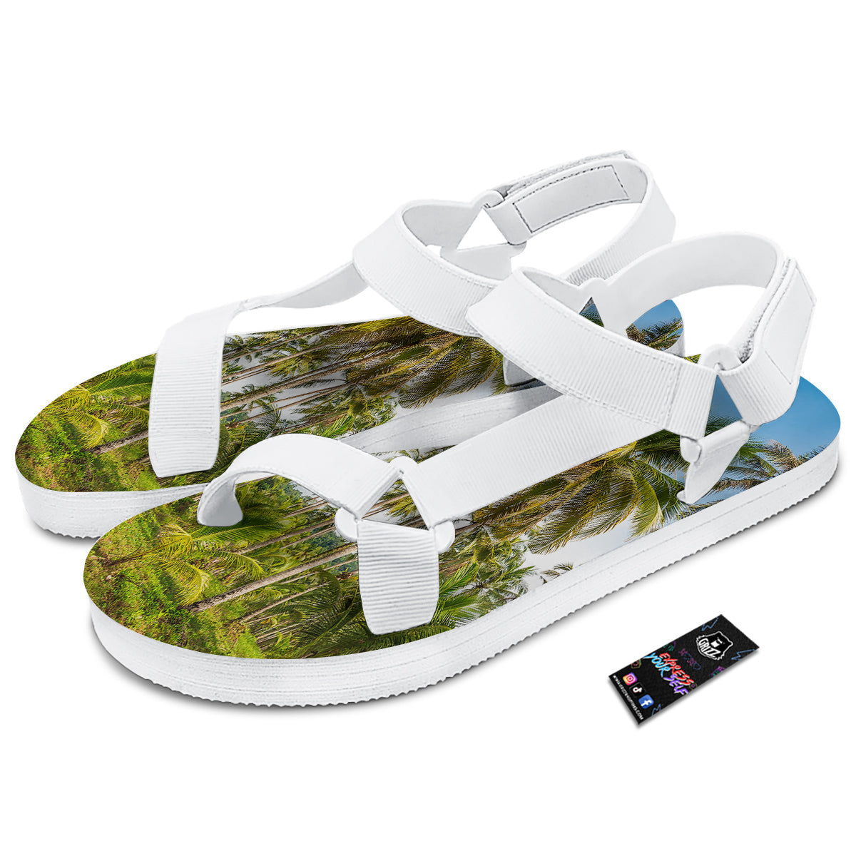 Coconut Tree Print White Open Toe Sandals-grizzshop