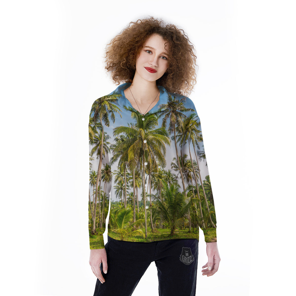 Coconut Tree Print Women's Long Sleeve Shirts-grizzshop