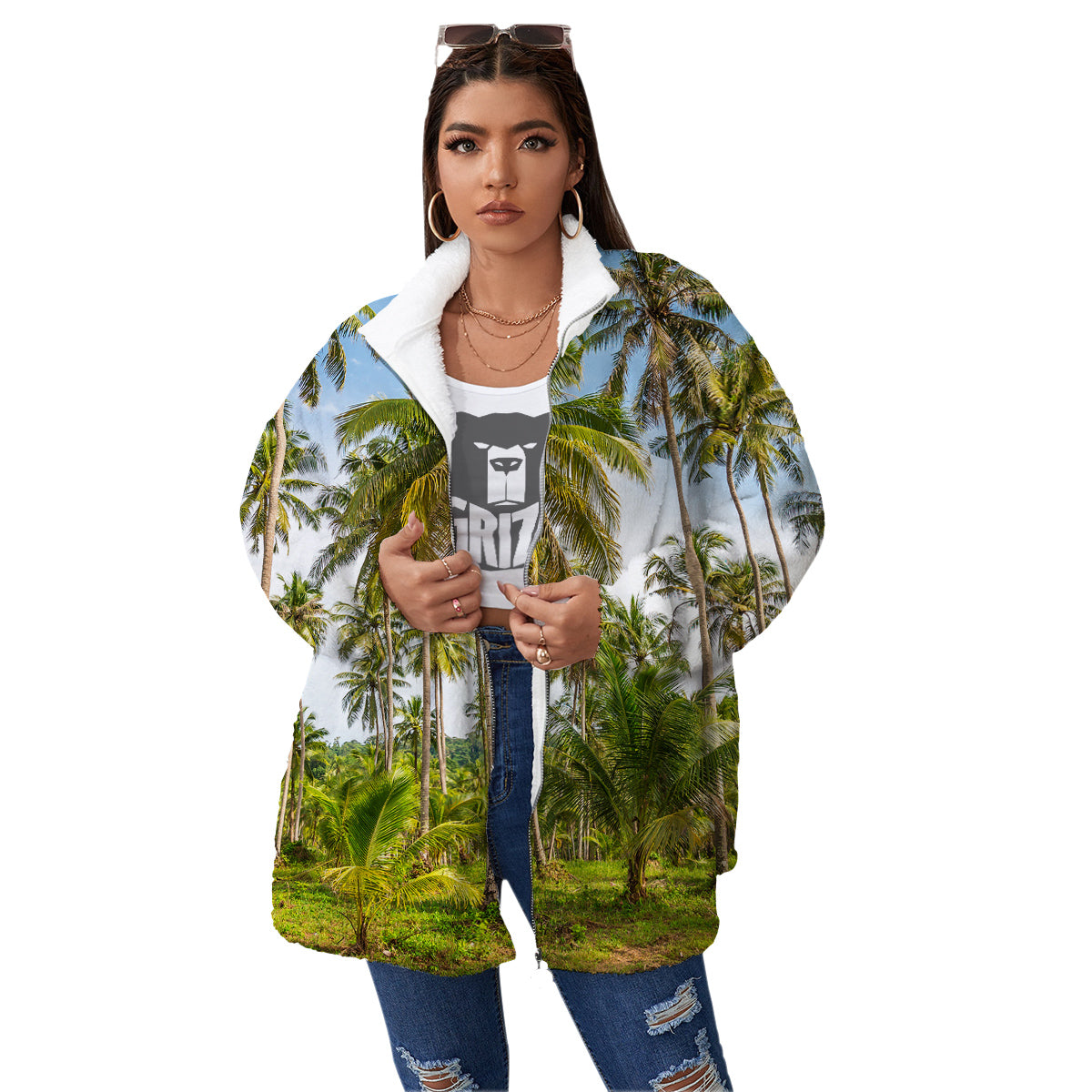 Coconut Tree Print Women's Sherpa Jacket-grizzshop