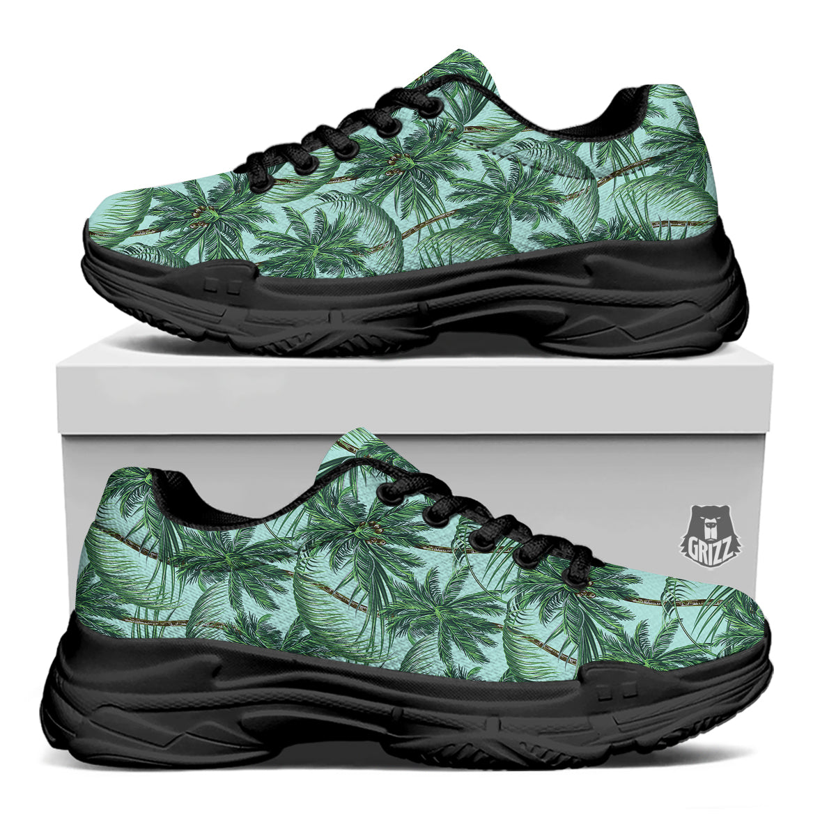 Coconut Tree Vintage Print Pattern Black Chunky Shoes-grizzshop