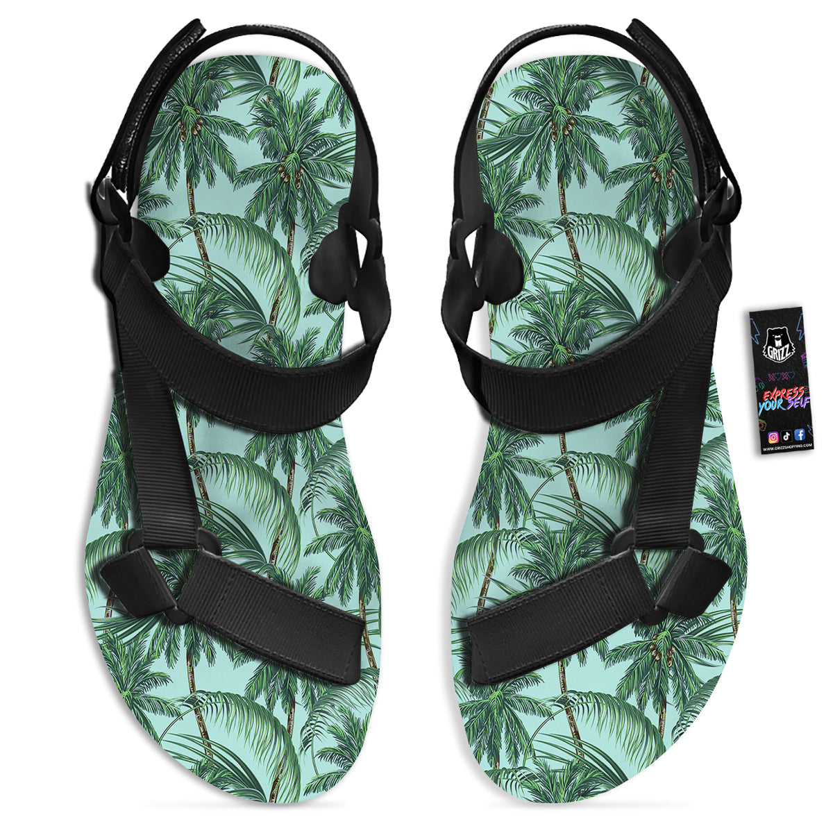 Coconut Tree Vintage Print Pattern Black Open Toe Sandals-grizzshop