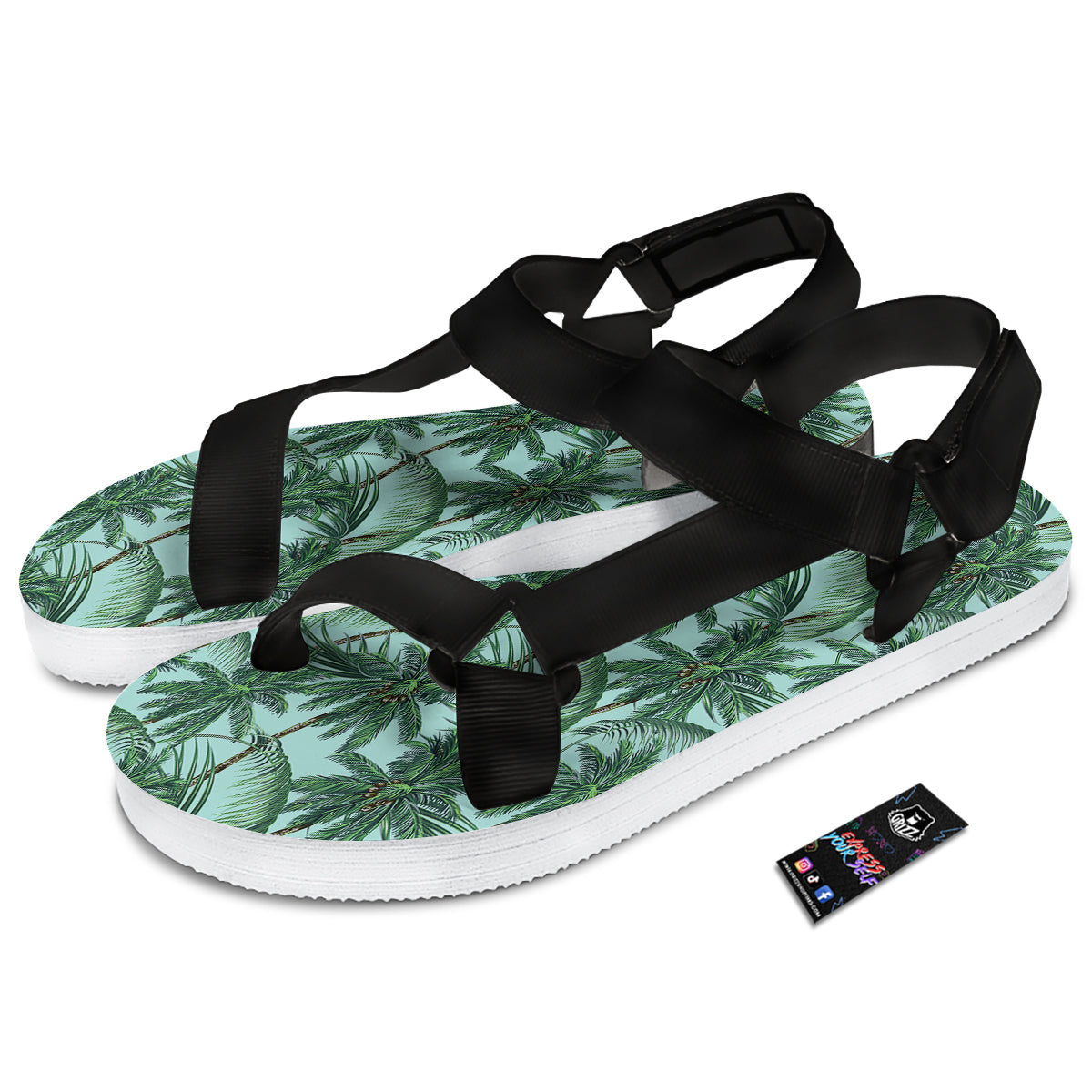 Coconut Tree Vintage Print Pattern Black Open Toe Sandals-grizzshop